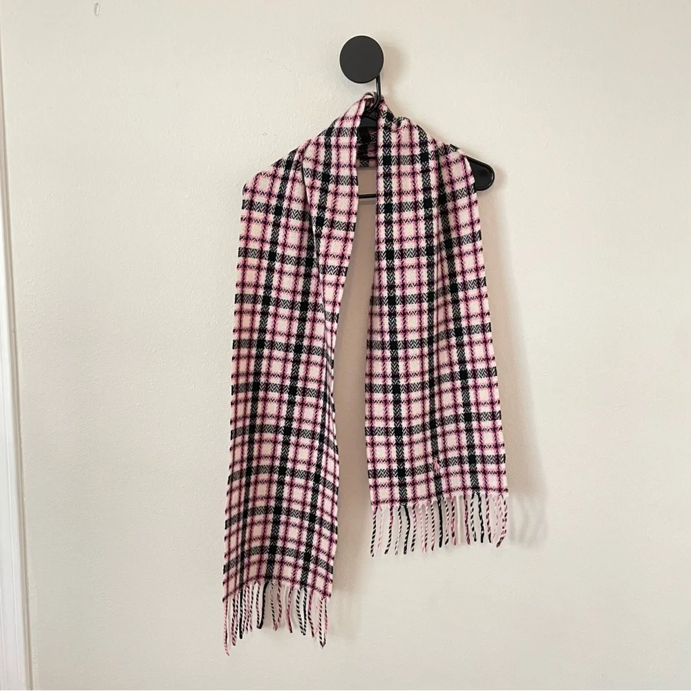 Ralph Lauren Blue Label Pink Plaid Fringe Scarf 100% Lambswool Italy